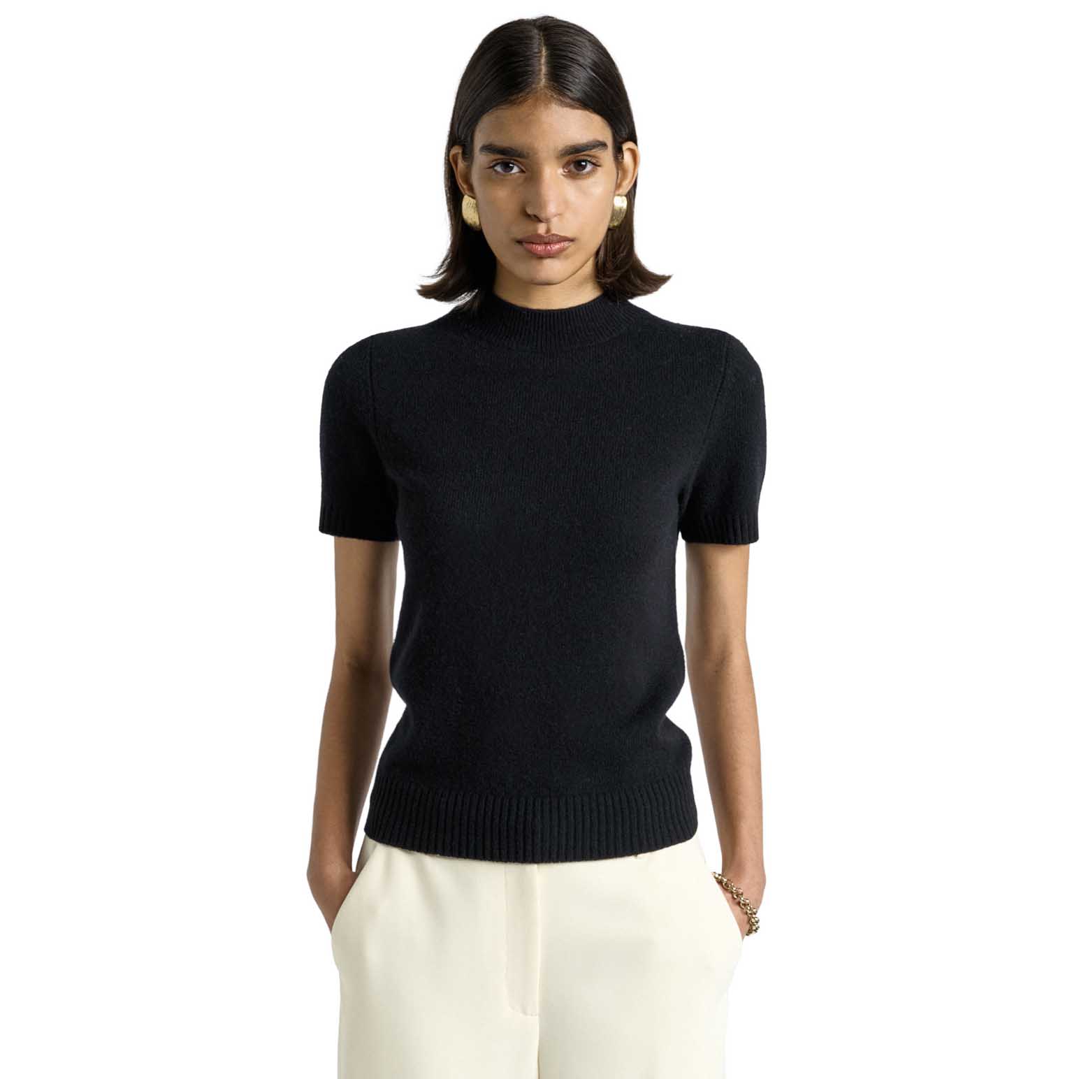 Cue Merino Cashmere Blend Mock Neck Short Sleeve Knit